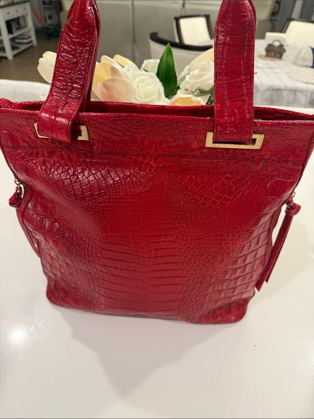 Brahmin Medium Leather Red Croc-Embossed Tote Bag